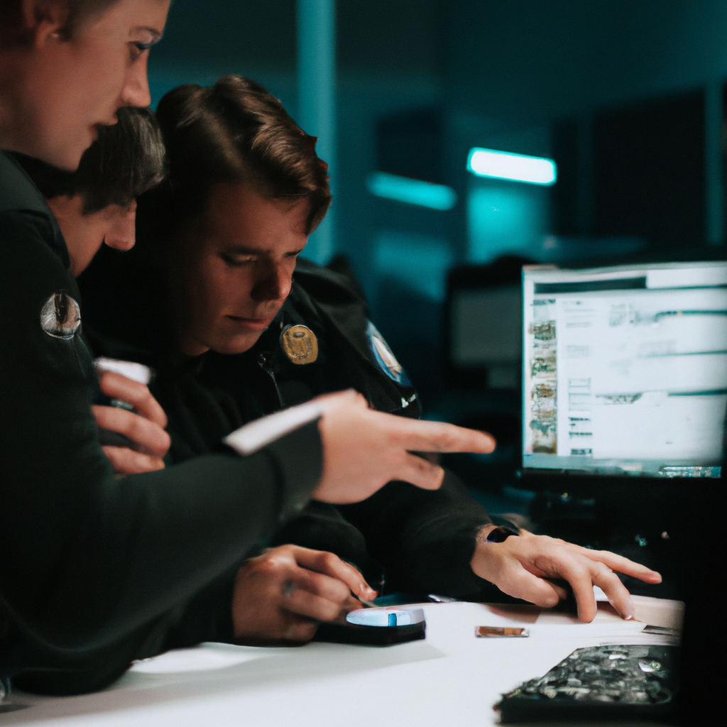 AltVero team collaborating in a newsroom-style space, reviewing media evidence, laptops open with verification dashboards and OSINT tools.